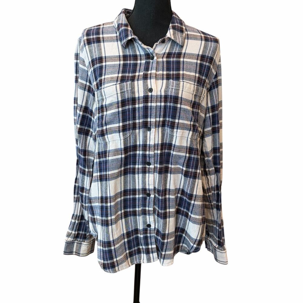 Vans Flannel Button Down Shirt Womens Size‎ L Large Blue White Long Sleeve Top